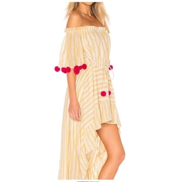Revolve Sundress Alena High Low Off Shoulder Dress Yellow Stripe Pom Pom M/L - Picture 2 of 14